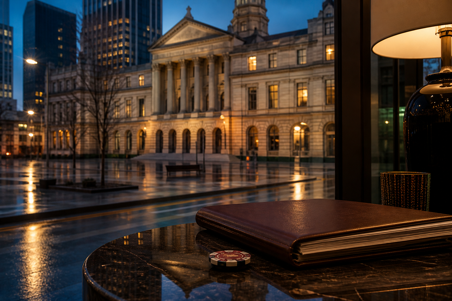 Baltimore courthouse at dusk with a legal file and an unbranded gaming chip in the foreground