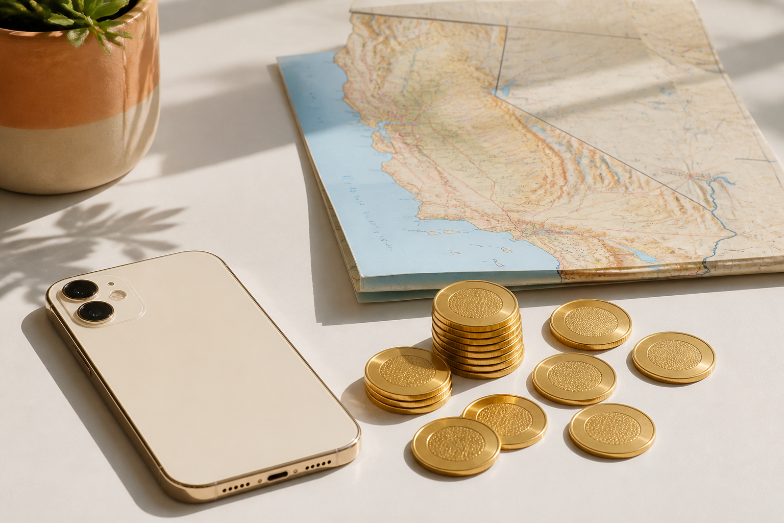 Editorial illustration of California with a barrier separating a redeemable coin from a free-play token, representing the split between cash-redeemable sweepstakes products and Gold-Coin-only offerings