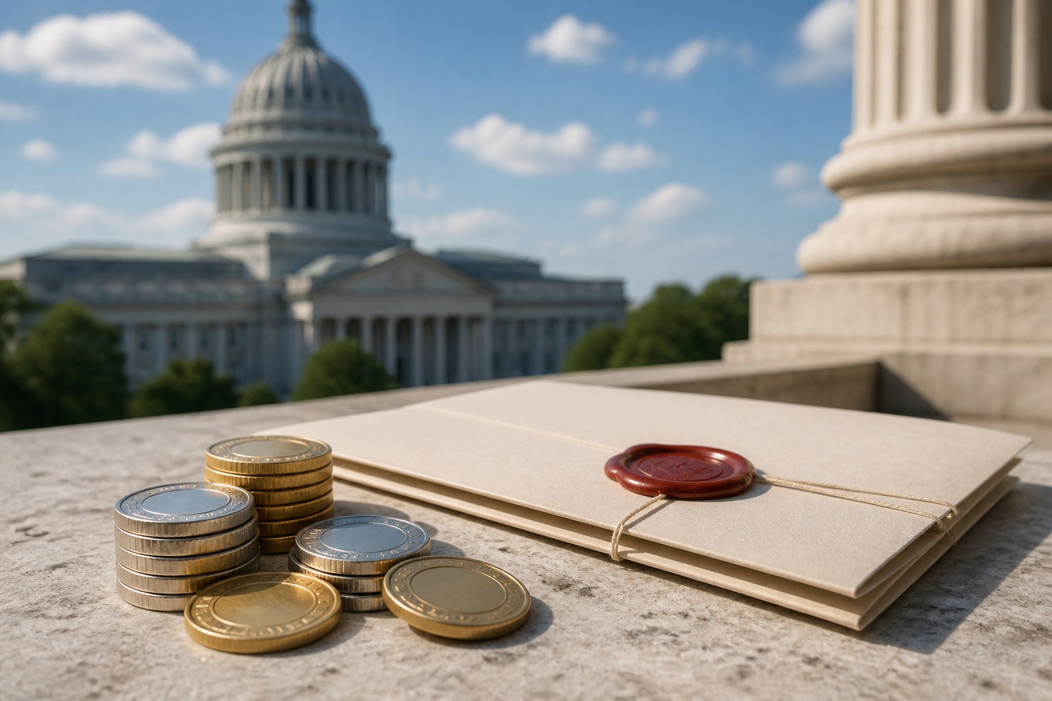 Abstract editorial illustration of two overlapping coin-like tokens blocked by a red checkpoint barrier, beside a cluster of eight highlighted squares arranged like scattered states on a map, symbolizing state laws restricting dual-currency sweepstakes casinos