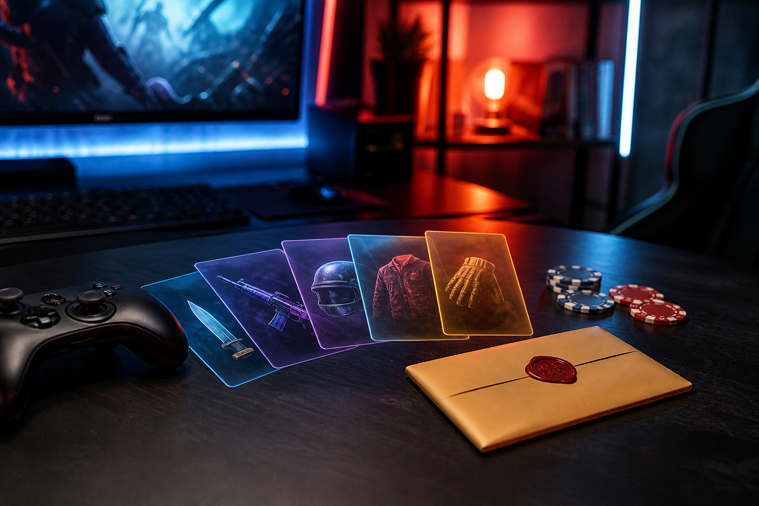 Gaming controller, cosmetic-item cards, prize envelope and gaming chips