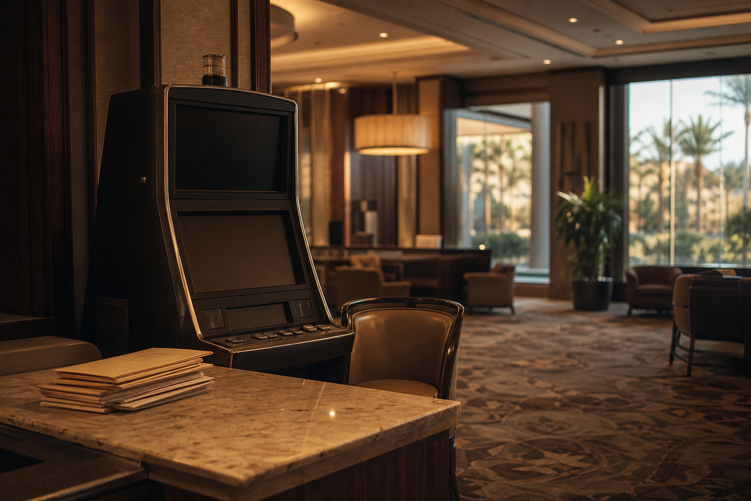 An empty upscale casino lounge with a powered-down machine and redemption envelopes