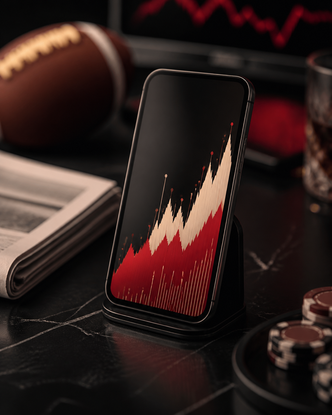Phone displaying an abstract probability chart on a sports and gaming desk