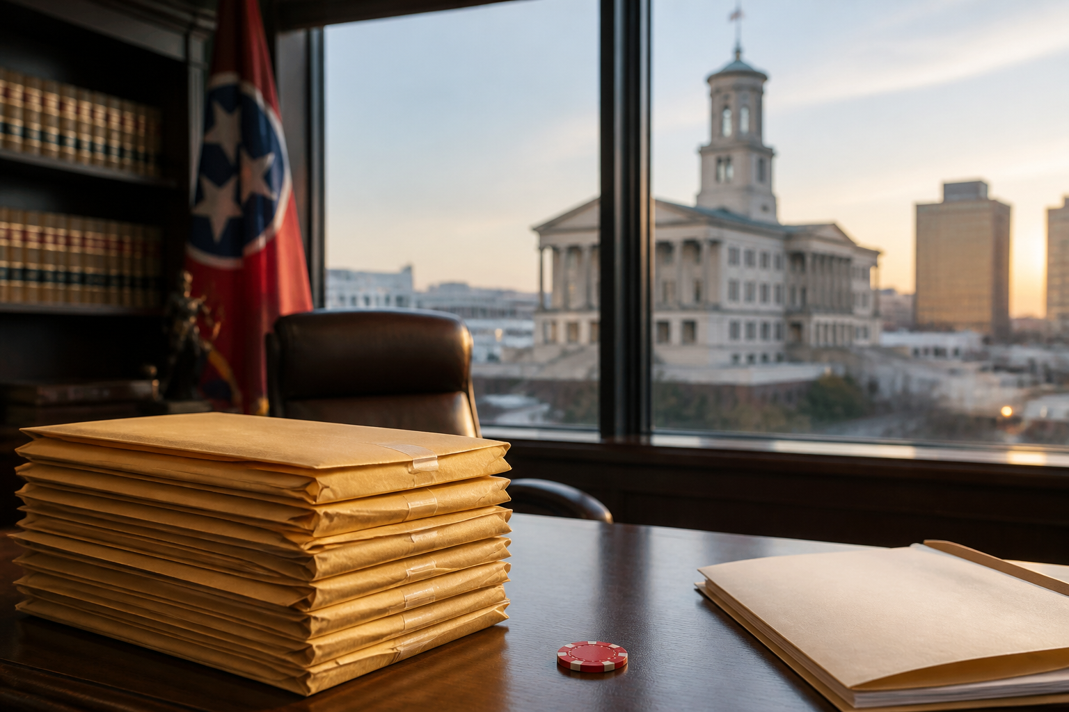 Documents and gaming tokens representing Tennessee enforcement against sweepstakes casinos