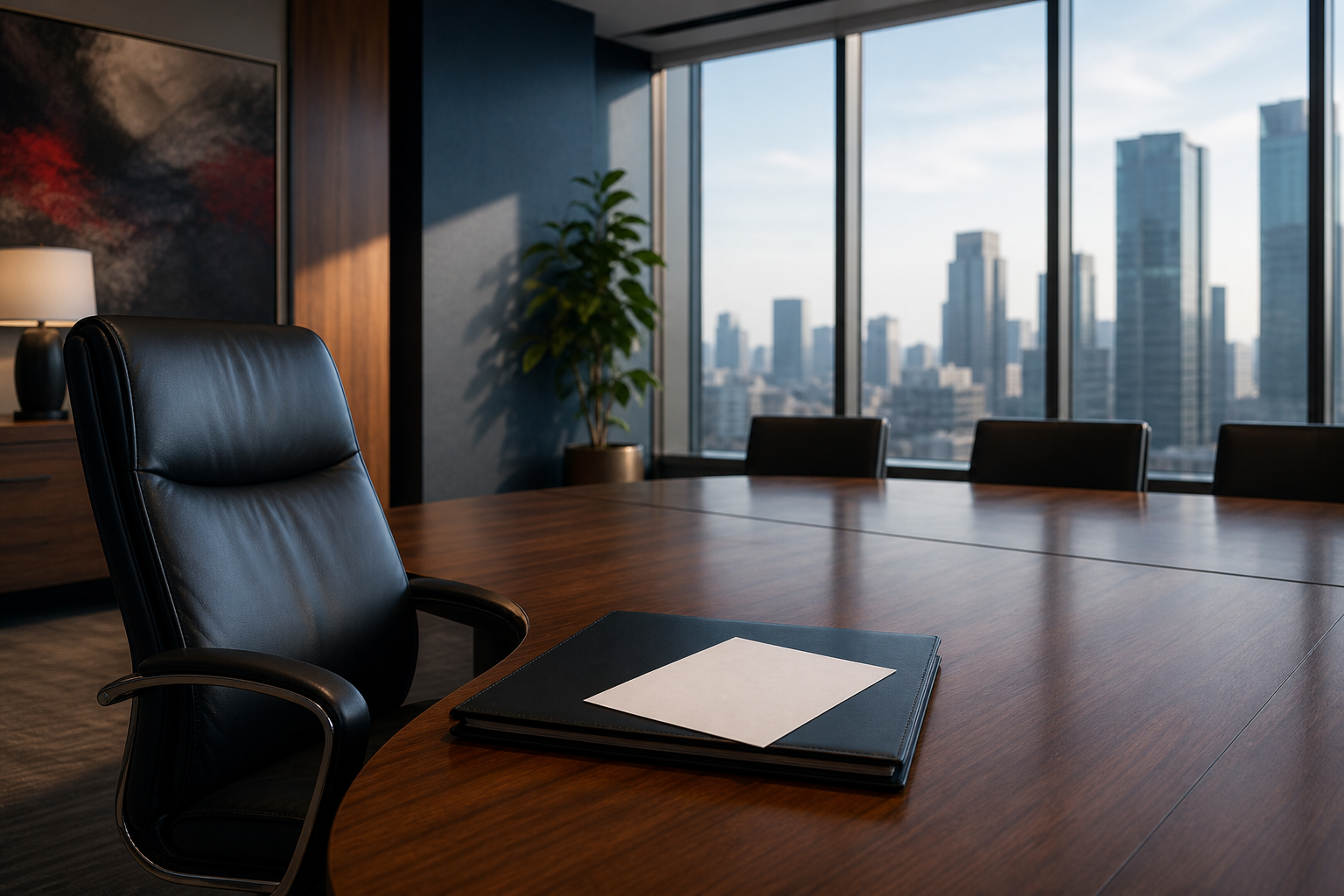 An empty executive chair and boardroom table after a leadership departure